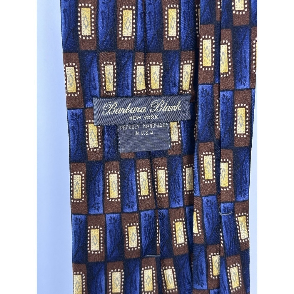 Mens 100% Silk Tie Barbara Blank Geometric Blue Abstract Design Made In USA